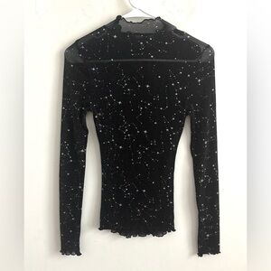 Y2K Sheer Mesh Blouse Star Print Black Mock Neck Long Sleeve XS-S indie Coquette